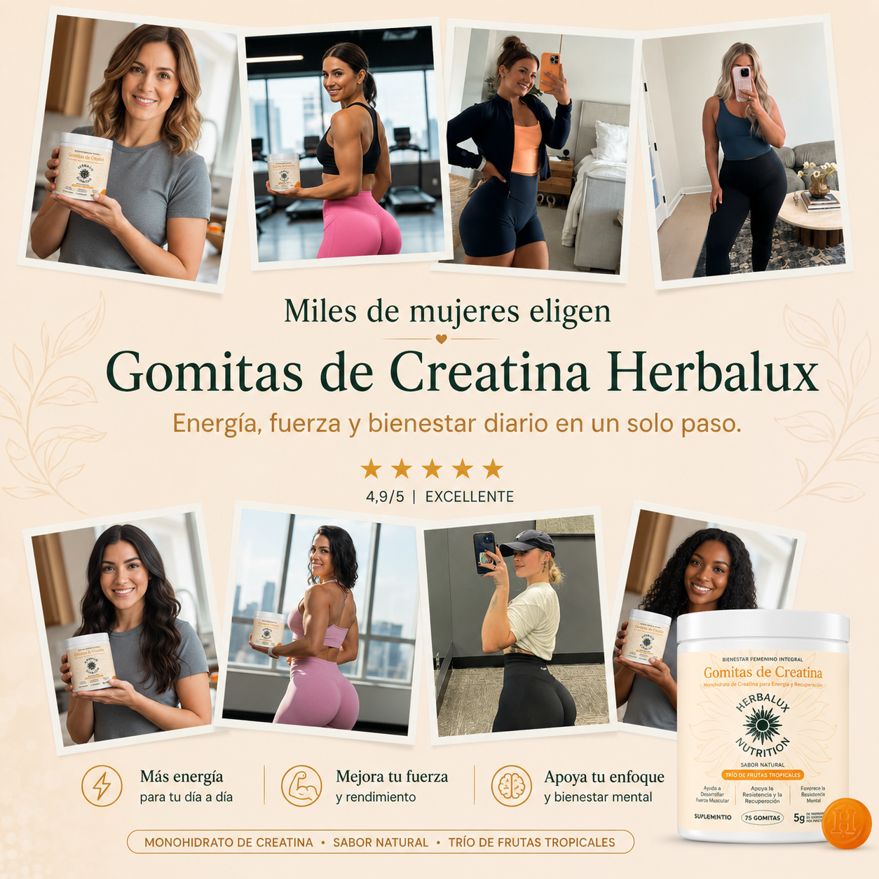 Creatina Gummies 5000mg — Fuerza, Recuperación y Definición Muscular | Herbalux®